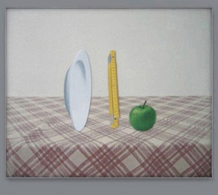 Interaktive Kunst: 'DENKPAUSE' (1977), Stilleben mit Apfel, Teller und Zollstock, Siebdruck, 32farbig auf Metall und Magnet-Folie