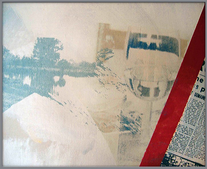 Motiv des Feuchtgebietes Taubergiessen und Blick auf Tisch mit Wasserglas durchdringen sich in Malerei / Serigraphie auf Leinwand | Kunst von Michael Buckler