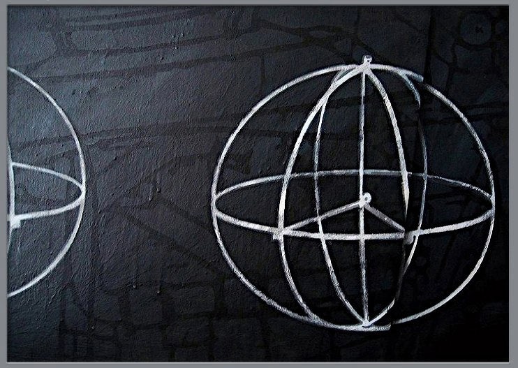 Stereoskopisch gemalte Drahtgitter-Kugeln in tiefem Schwarz durchdrungen von Linien einer Space-Shuttle Konstruktionszeichnung