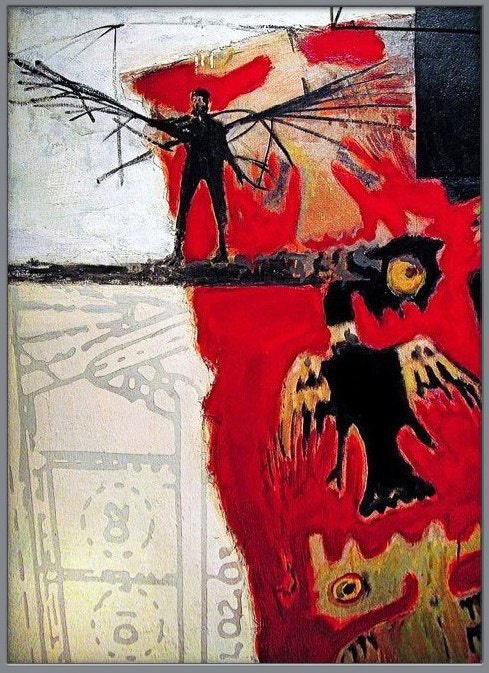 Kunst von Michael Buckler: Otto Lilienthal - von der Mythologie zur Realit&auml;t der Fluggeschichte malerische Durchdringung mit einem Motiv der 'Late Paracas' Kultur (Poncho Textil-Design) Peru, 300-100 v. Chr.
