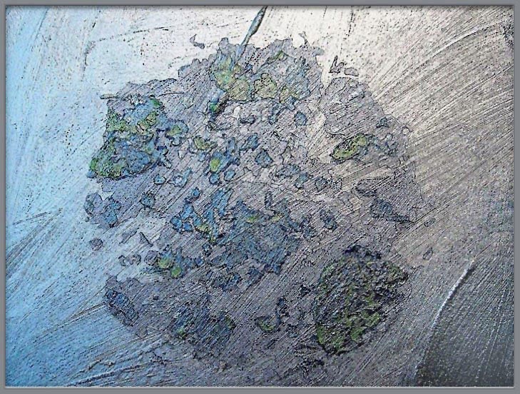 Pigment-Malerei mittels CAD-Masken-Form-Transfers eines Dünnschliffes von meteoritischem Material: Chondrule  aus Meteorit ALLENDE (kohliger Chondrit, Fall 1969, Mexico) | Kunst von Michael Buckler © 2020