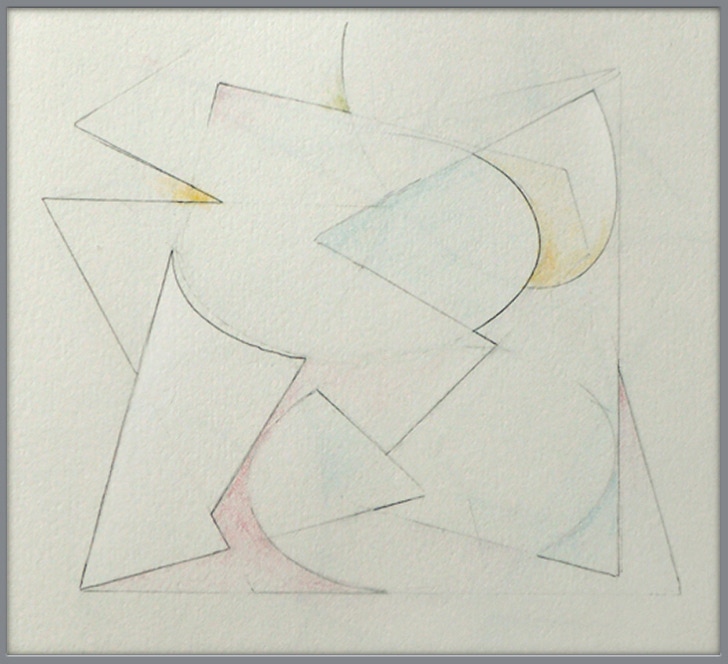 Geometrie in Bewegung: Raumzeitliche Lineaturskizze I (Bleistiftzeichnung, Pastellkreide)