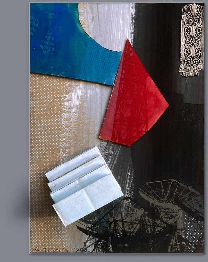 'REDSAIL': Rotes Segel unter blauem Himmel über fallenden Stufen –Konstruktivistische Malerei (Assemblage und Siebdruck in Objektkasten), 1986)