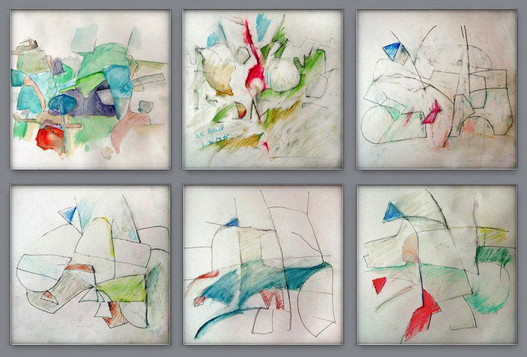 Sechs graduell abstrahierende Landschafts-Zeichnungen aus dem Zyklus 'CHEMINS' (1985)