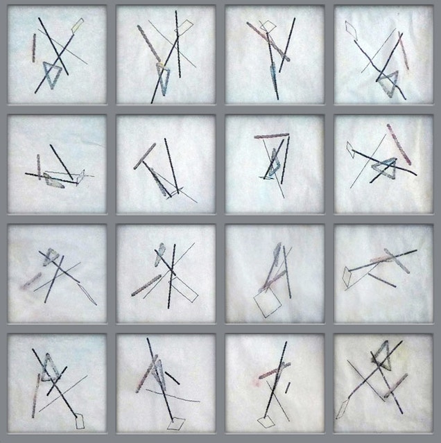 Konstruktivistische Linien-Figuration im Raum in 16 Ansichten (1985), Matrixdrucke auf Seidenpapier) von Michael Buckler