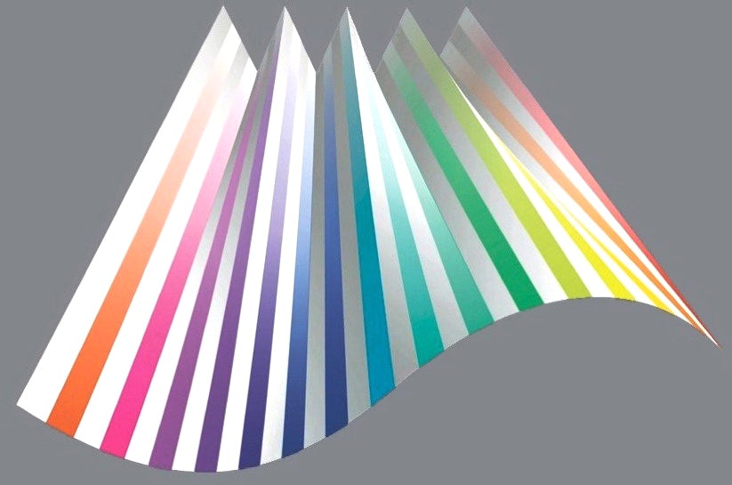 Logo Design: Räumlicher Papier-Farbfächer hinten gefaltet nach vorne ungefaltet – Global Logo Ciba Paper  © Ciba Inc. by Michael Buckler