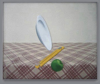 Spielbild 'Denkpause': Stilleben mit fallenden Teller und Apfel – Interaktive Kunst